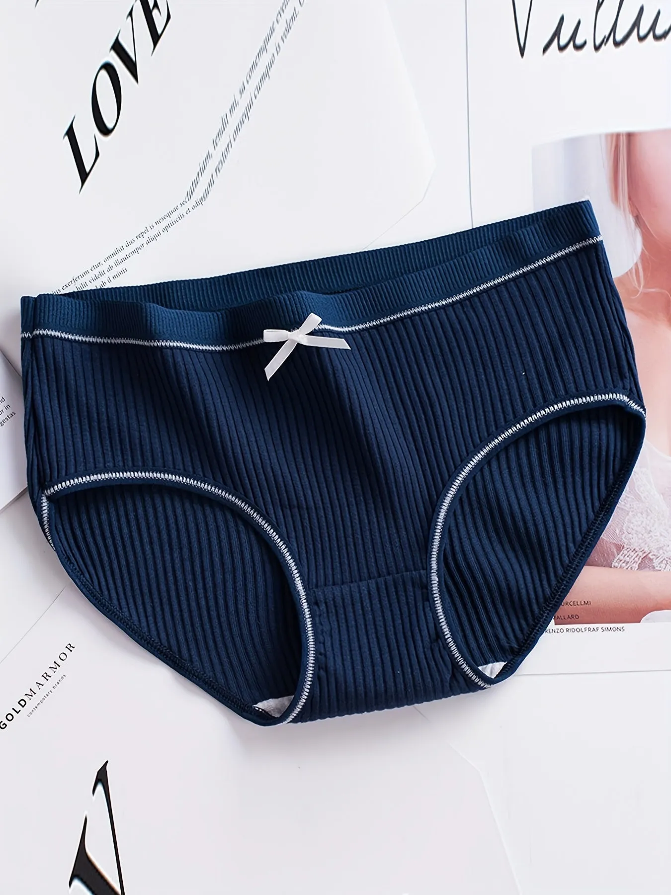 3pcs Cute Bow Tie Ribbed Briefs, Soft & Comfy Mid-Rise Stretchy Panties, Women's Lingerie & Underwear