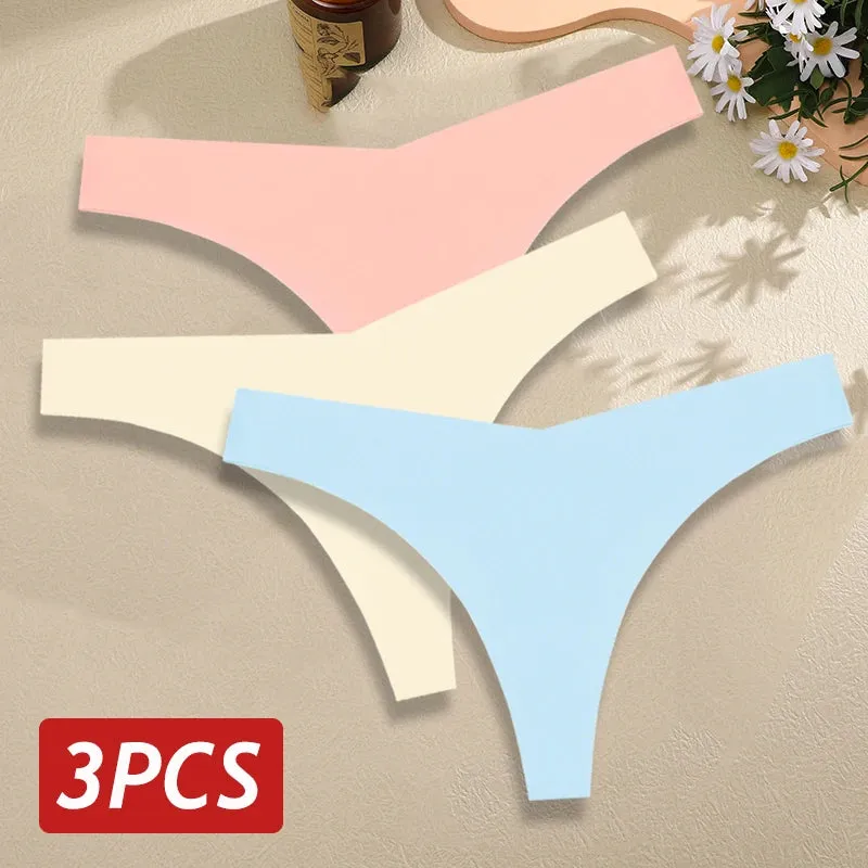 3PCS/Set Seamless Thongs For Women V Waist G-String Panties Solid Colors Dopamine Color Underwear Ice Silk Breathable Underpants