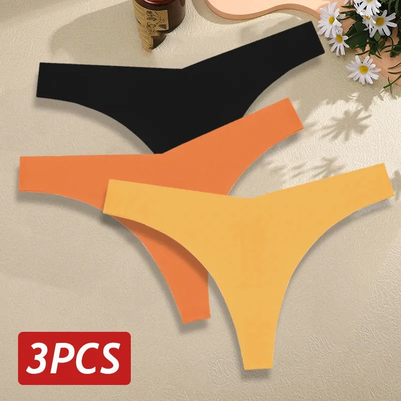 3PCS/Set Seamless Thongs For Women V Waist G-String Panties Solid Colors Dopamine Color Underwear Ice Silk Breathable Underpants