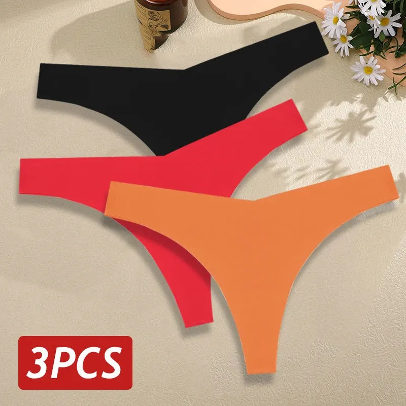 3PCS/Set Seamless Thongs For Women V Waist G-String Panties Solid Colors Dopamine Color Underwear Ice Silk Breathable Underpants