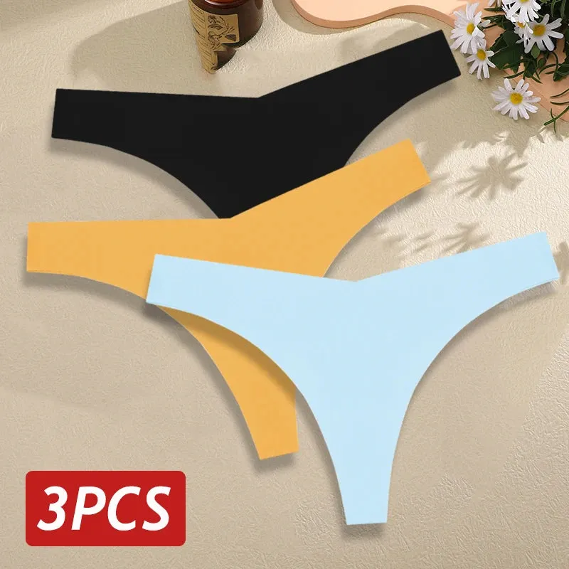 3PCS/Set Seamless Thongs For Women V Waist G-String Panties Solid Colors Dopamine Color Underwear Ice Silk Breathable Underpants