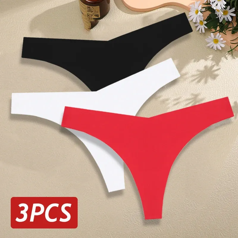 3PCS/Set Seamless Thongs For Women V Waist G-String Panties Solid Colors Dopamine Color Underwear Ice Silk Breathable Underpants