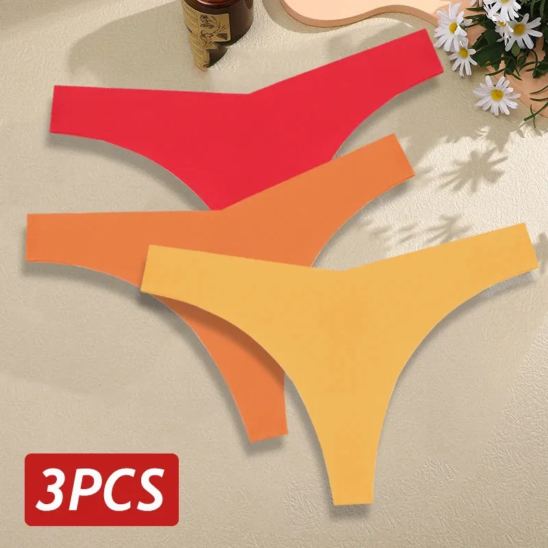 3PCS/Set Seamless Thongs For Women V Waist G-String Panties Solid Colors Dopamine Color Underwear Ice Silk Breathable Underpants