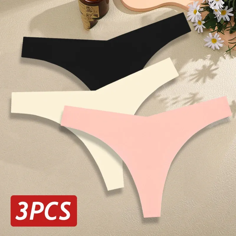 3PCS/Set Seamless Thongs For Women V Waist G-String Panties Solid Colors Dopamine Color Underwear Ice Silk Breathable Underpants