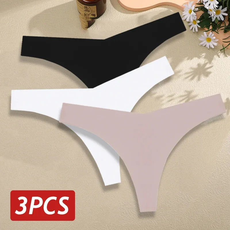 3PCS/Set Seamless Thongs For Women V Waist G-String Panties Solid Colors Dopamine Color Underwear Ice Silk Breathable Underpants