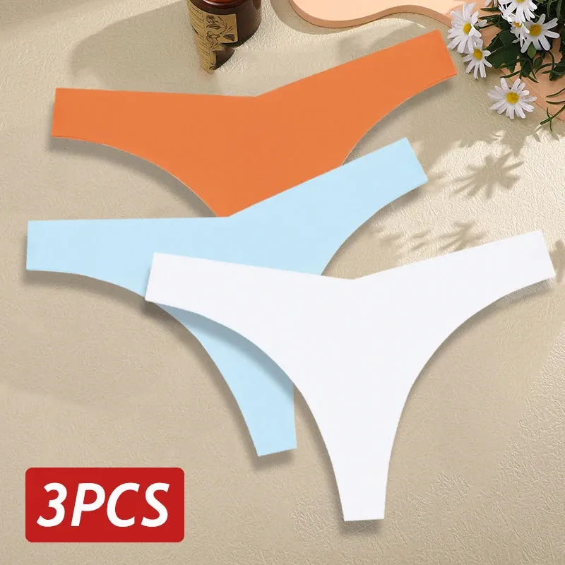 3PCS/Set Seamless Thongs For Women V Waist G-String Panties Solid Colors Dopamine Color Underwear Ice Silk Breathable Underpants