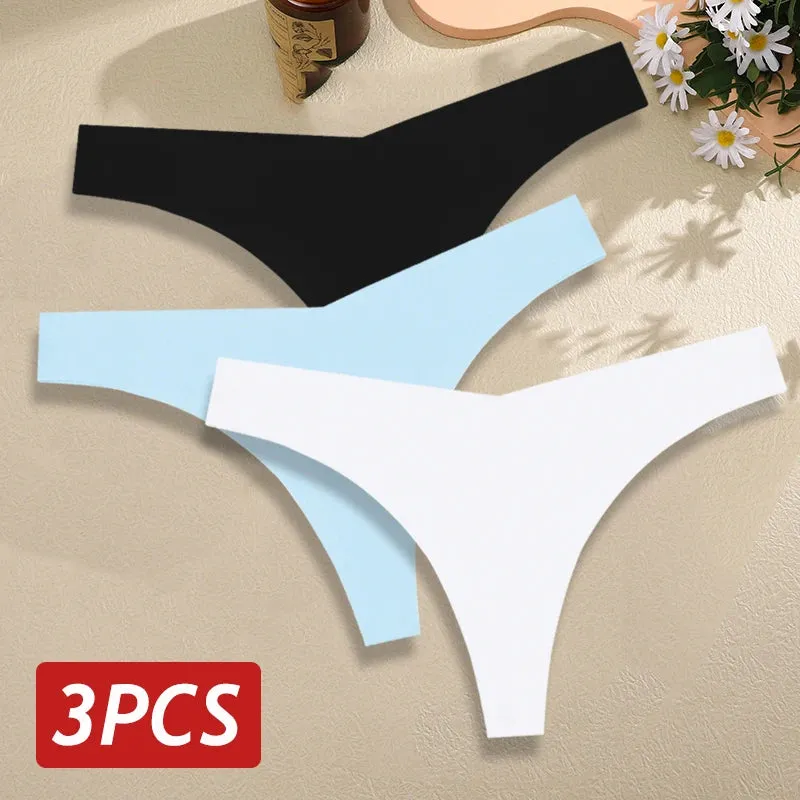 3PCS/Set Seamless Thongs For Women V Waist G-String Panties Solid Colors Dopamine Color Underwear Ice Silk Breathable Underpants