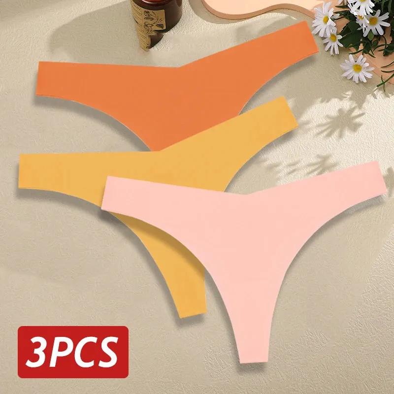 3PCS/Set Seamless Thongs For Women V Waist G-String Panties Solid Colors Dopamine Color Underwear Ice Silk Breathable Underpants