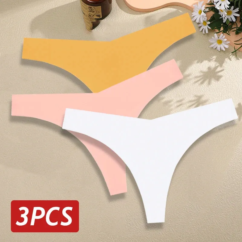 3PCS/Set Seamless Thongs For Women V Waist G-String Panties Solid Colors Dopamine Color Underwear Ice Silk Breathable Underpants