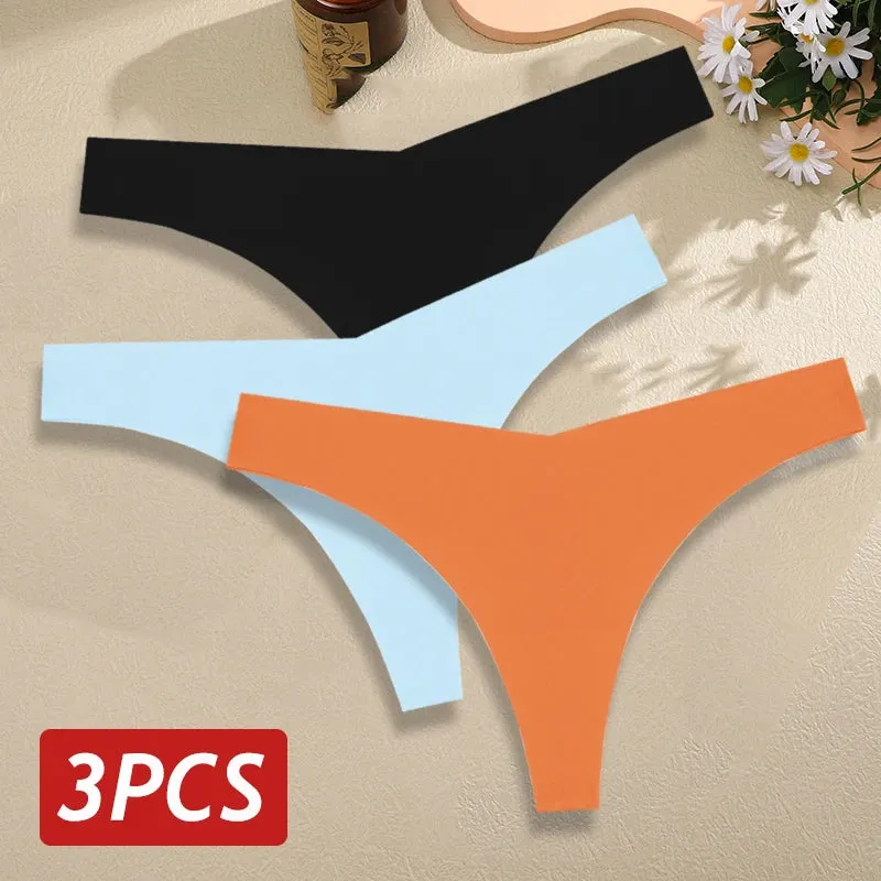 3PCS/Set Seamless Thongs For Women V Waist G-String Panties Solid Colors Dopamine Color Underwear Ice Silk Breathable Underpants