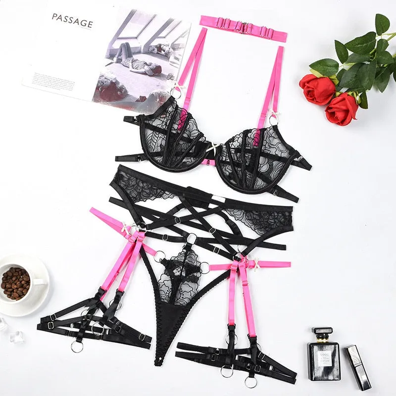 Black & Pink Harness Lingerie Set