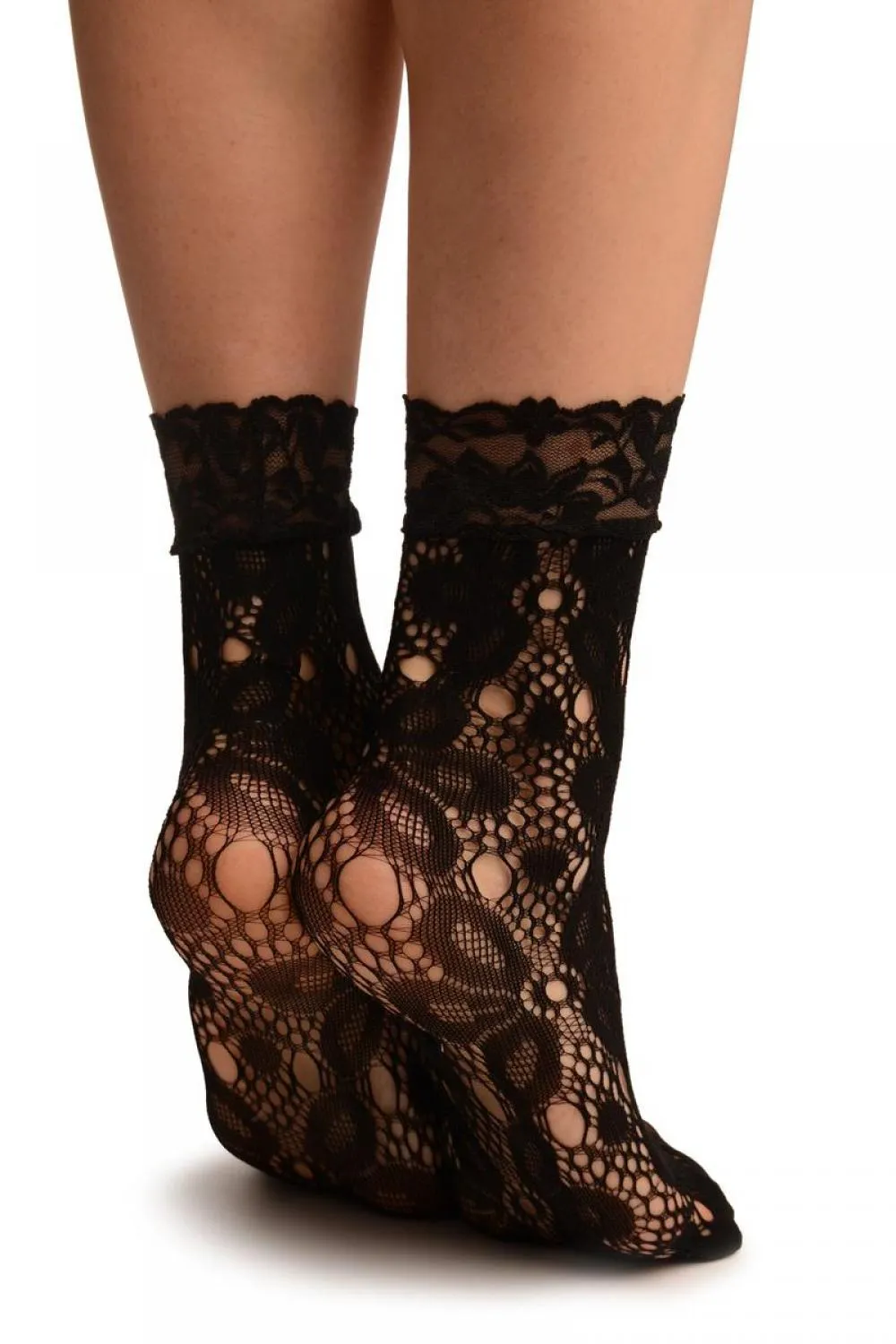 Black Large Daisy Flowers Lace Ankle High Socks