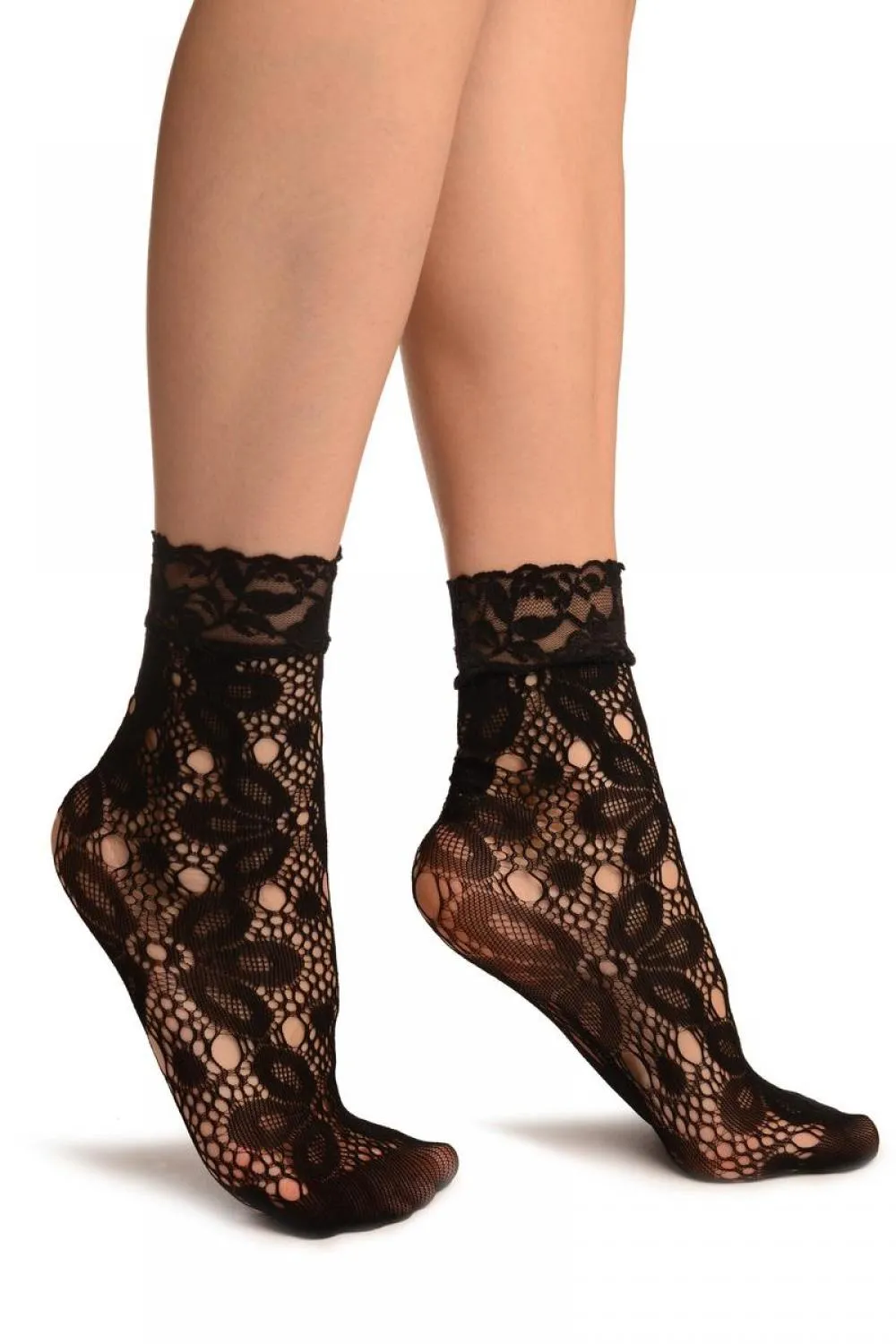 Black Large Daisy Flowers Lace Ankle High Socks