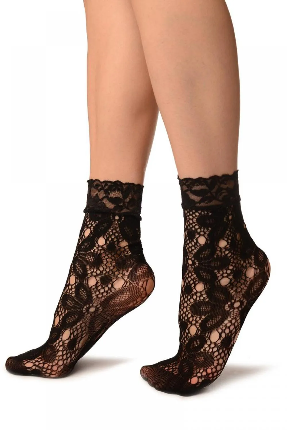 Black Large Daisy Flowers Lace Ankle High Socks