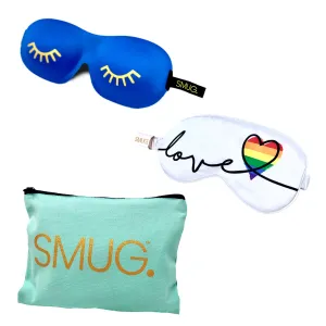 Contoured & Satin Sleep Mask Double Pack & Mint Green Travel Bag Set - Pride Love Print & Wink Print, Blue