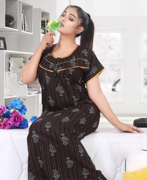 Cotton Black Printed Designer Long Nighty for Women