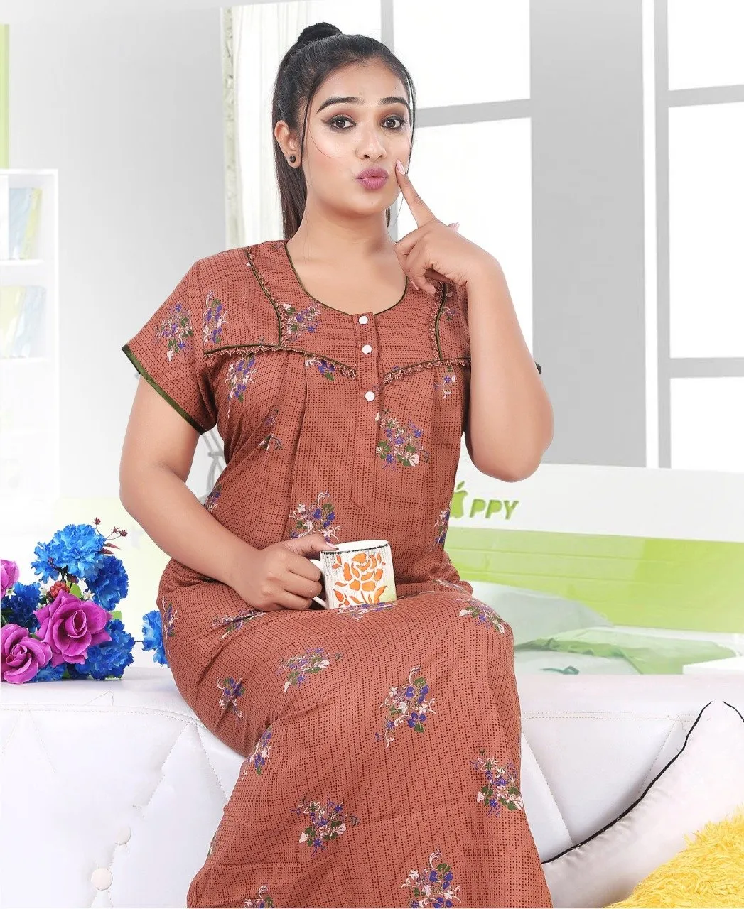 Cotton Long Brown Nighty Night wear for Women