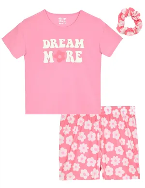 Girls 2-Piece Short-Sleeve Jersey Pajama Shorts Set with Matching Hair Scrunchie- Dream More.