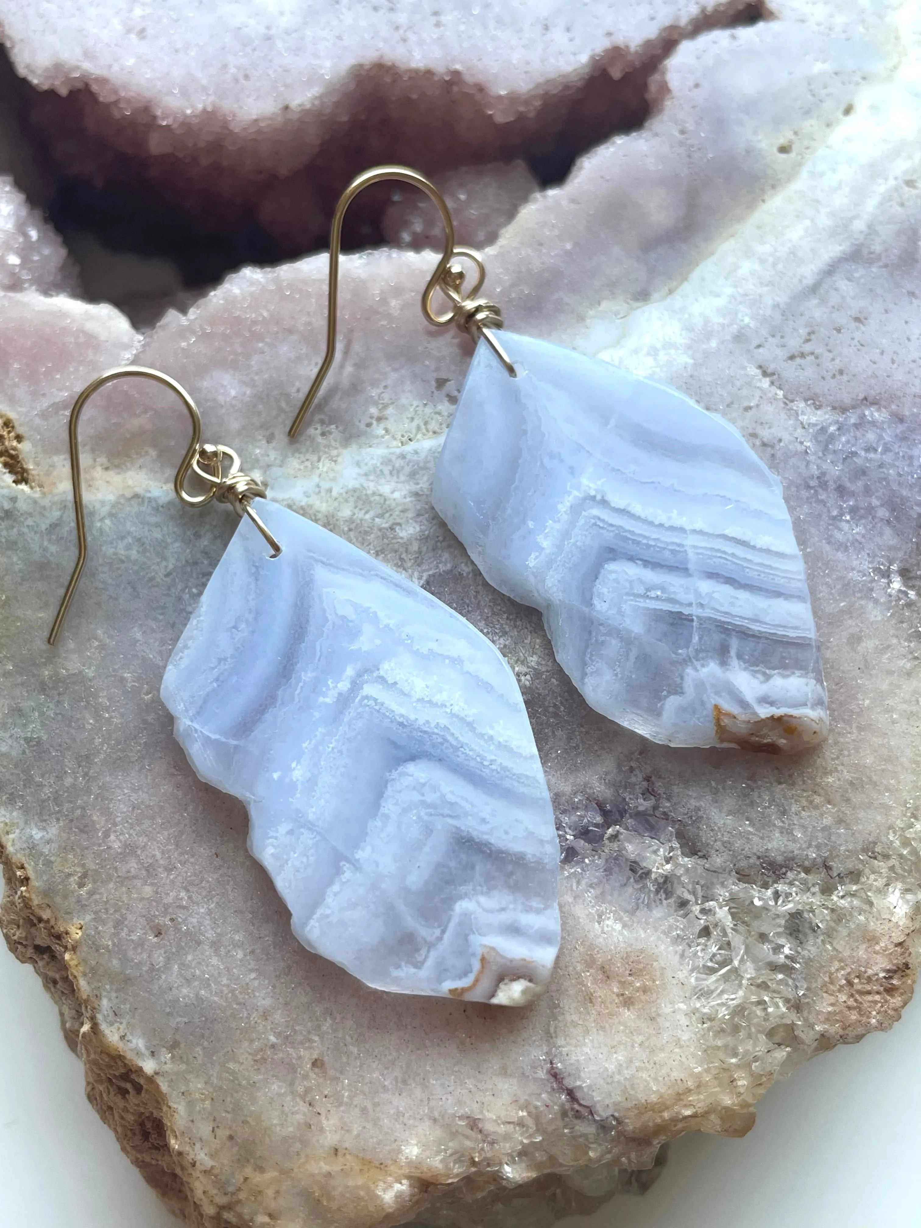 Large Blue Lace Agate Gold Filled Statement Crystal Gemstone Earrings