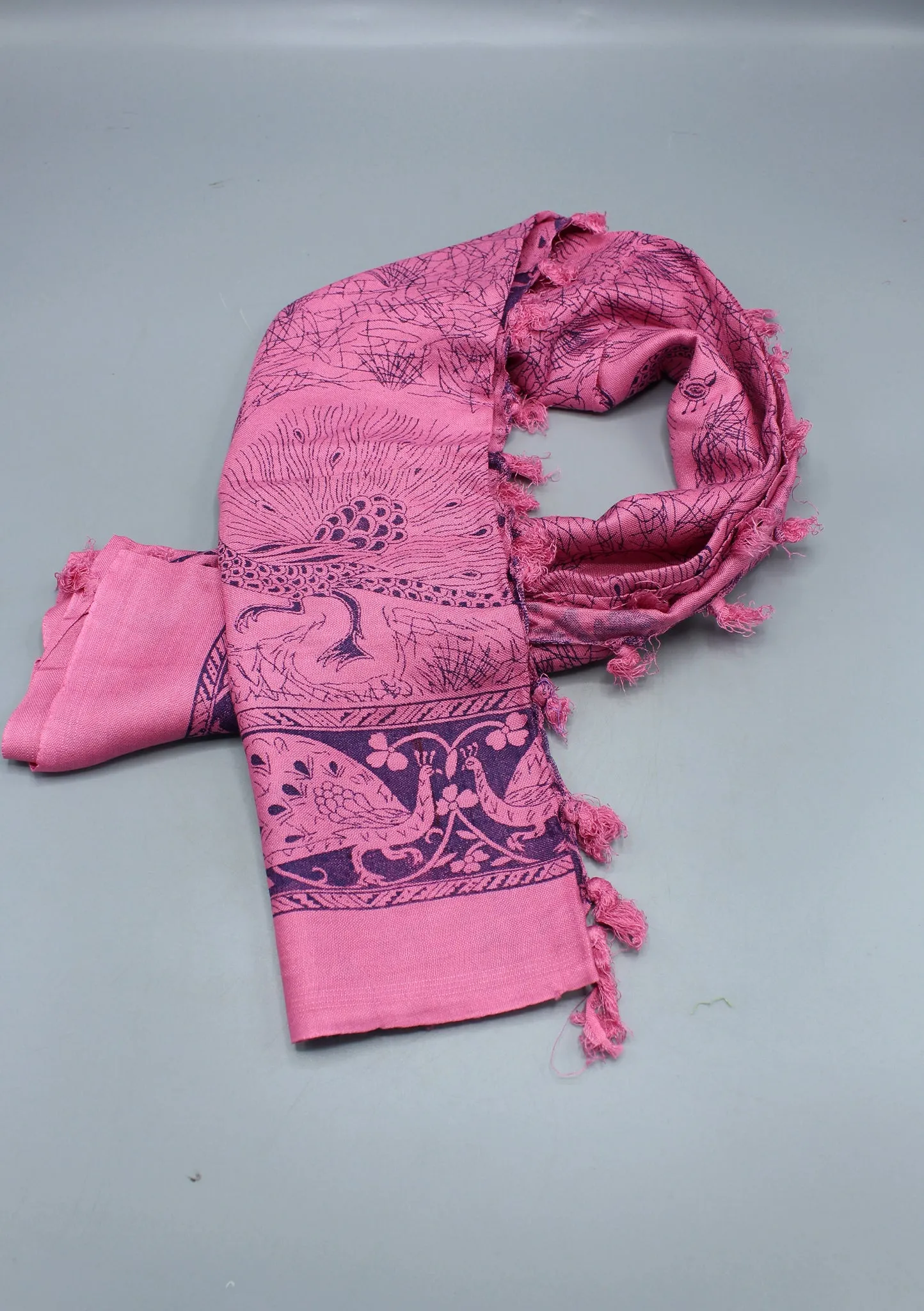 Pure Cotton Peacock Print Dark Pink Shawl with Furka