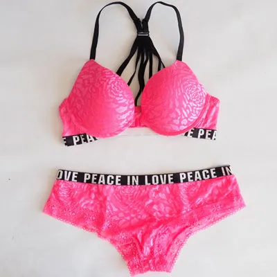 Pzalza Underwear Set Women Sexy Cute vs Pink Back Push Up Bra Set Lace Women Underwear Panty Set Front Closure Lingerie Bra