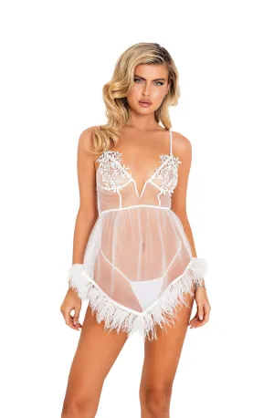 Roma 2pc Bridal Corset Chemise with Ostrich Feather Trim & Panty Roma Confidential