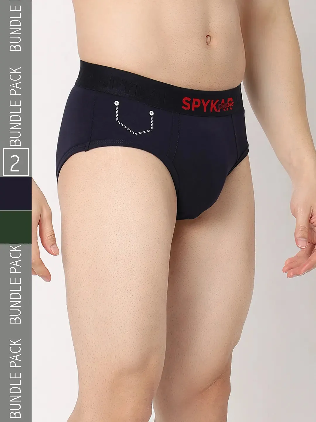 Underjeans By Spykar Men Premium Navy & Olive Cotton Blend Regular Fit Brief - Pack Of 2