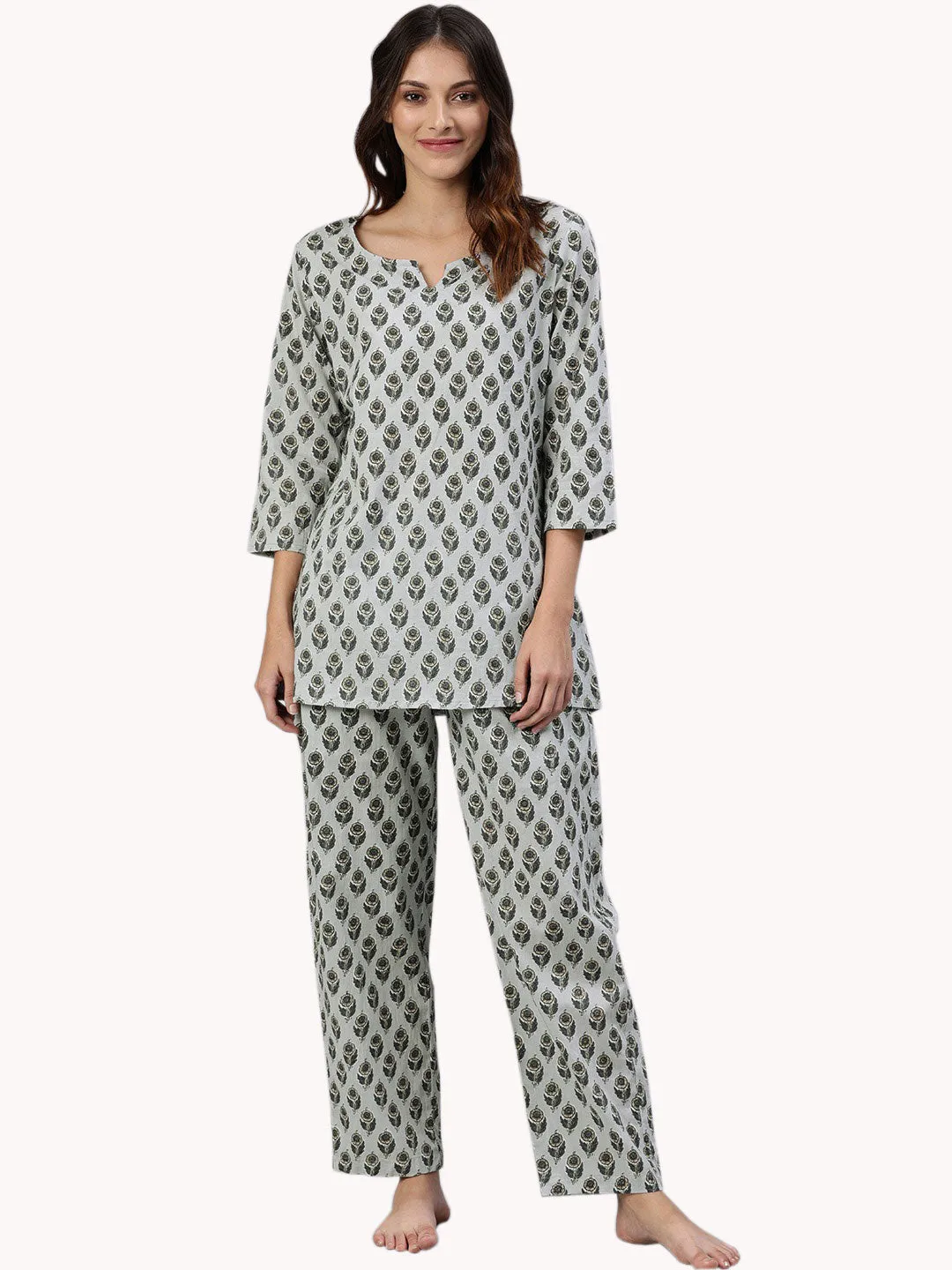 Women'S Grey Color Cotton Loungewear/Nightwear